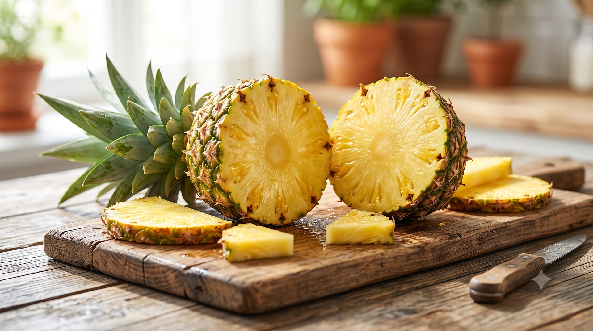Przekrojony dojrzały ananas na drewnianej desce