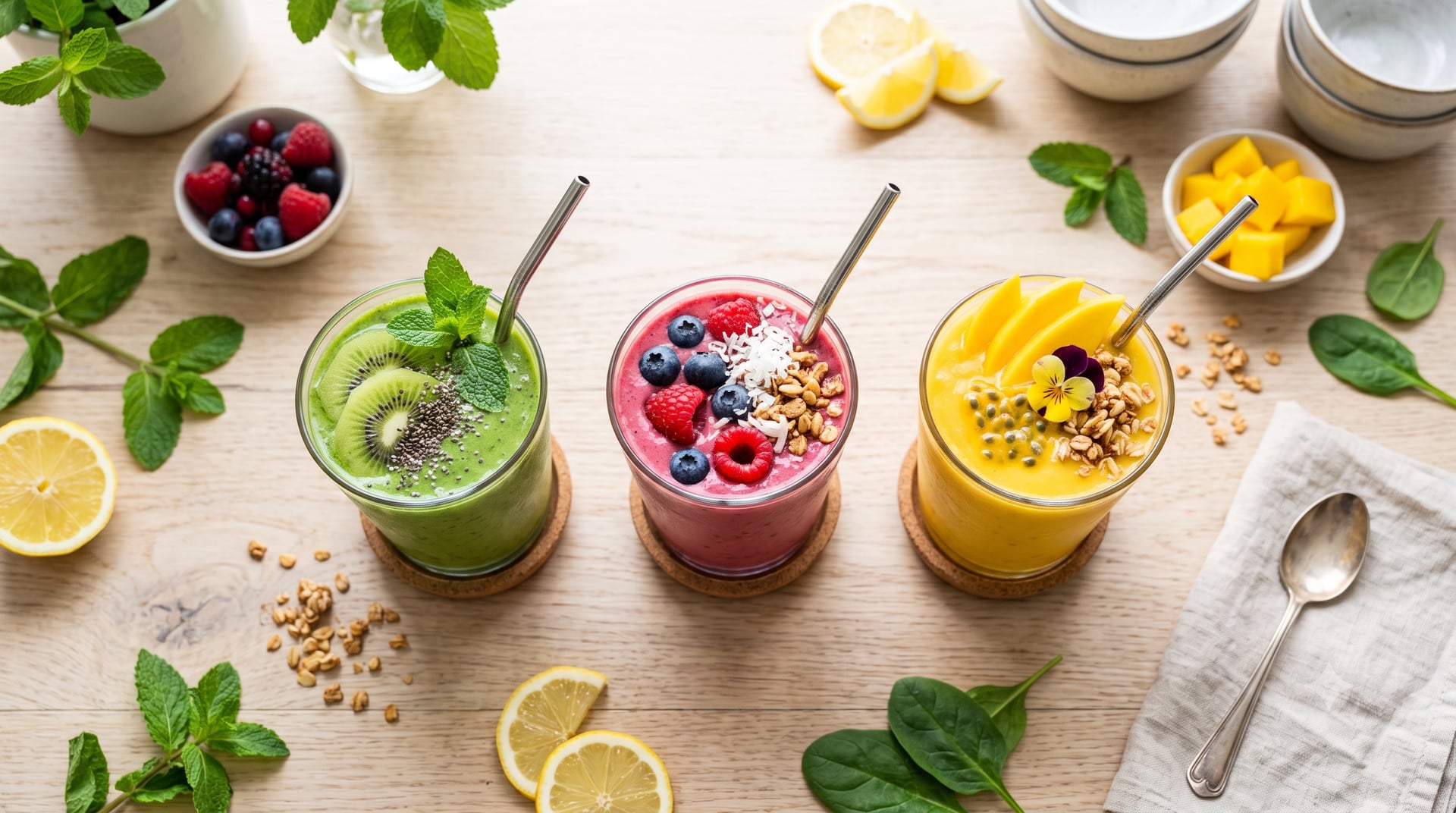 Kolorowe smoothie w szklankach na jasnym stole