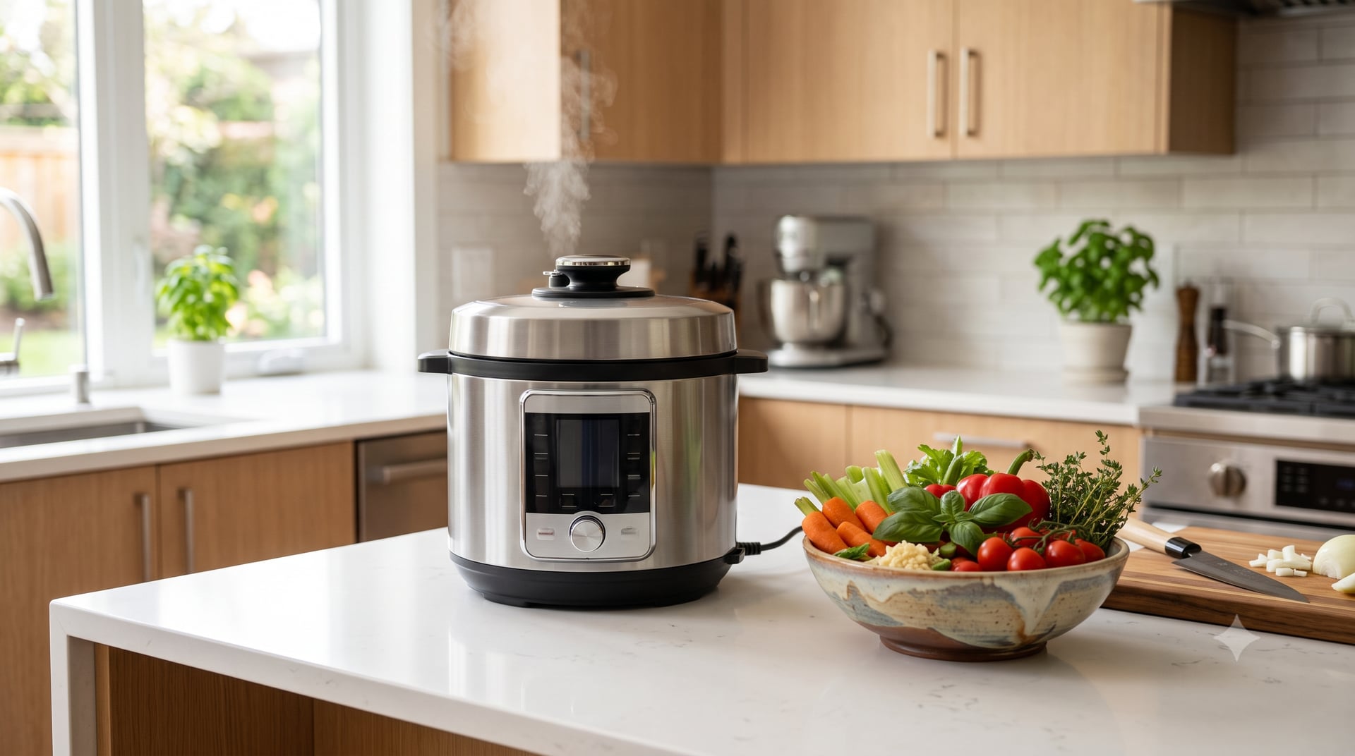Elektryczny multicooker na blacie z miską warzyw obok