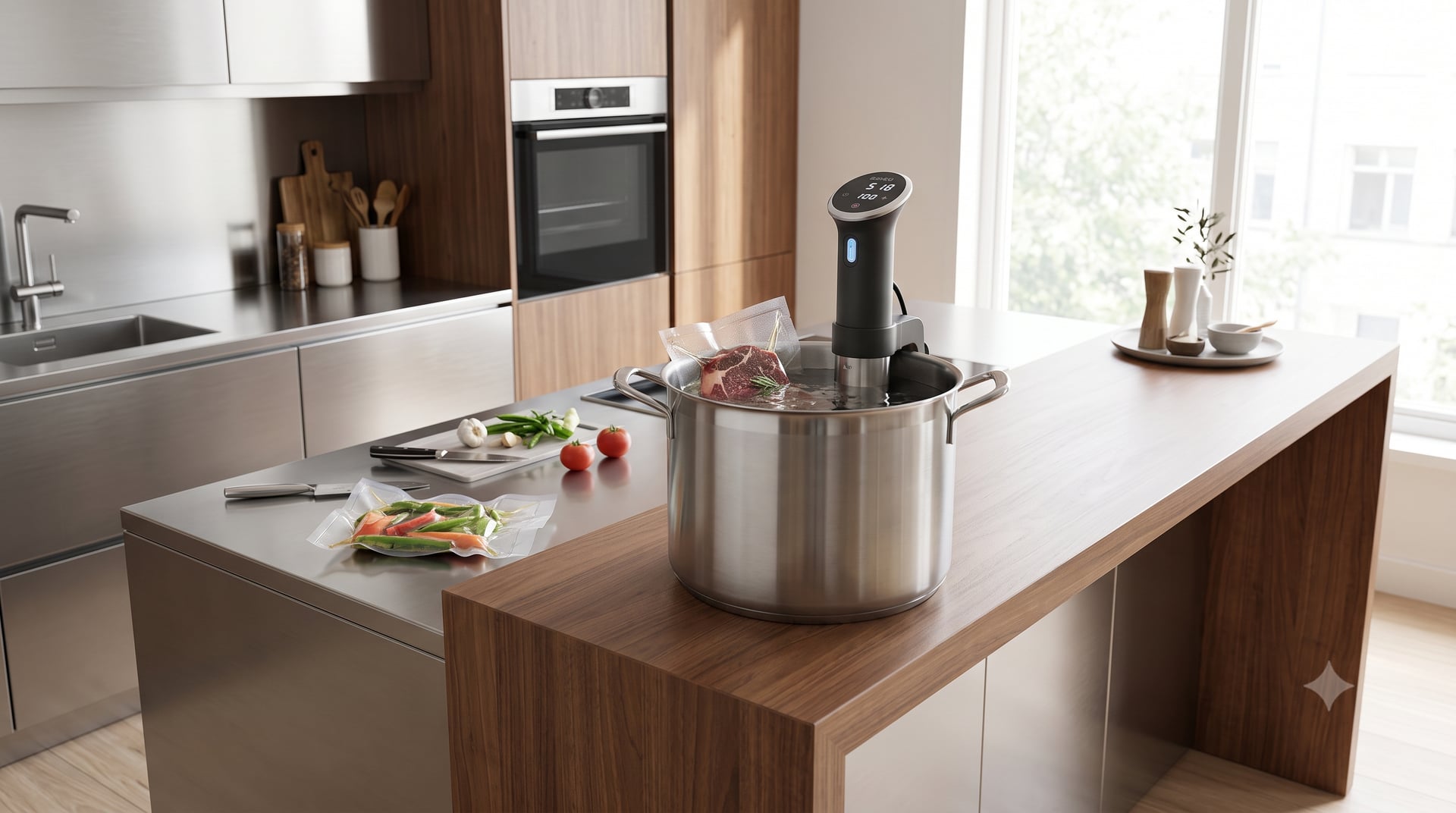 Termocyrkulator sous vide w garnku z wodą na blacie