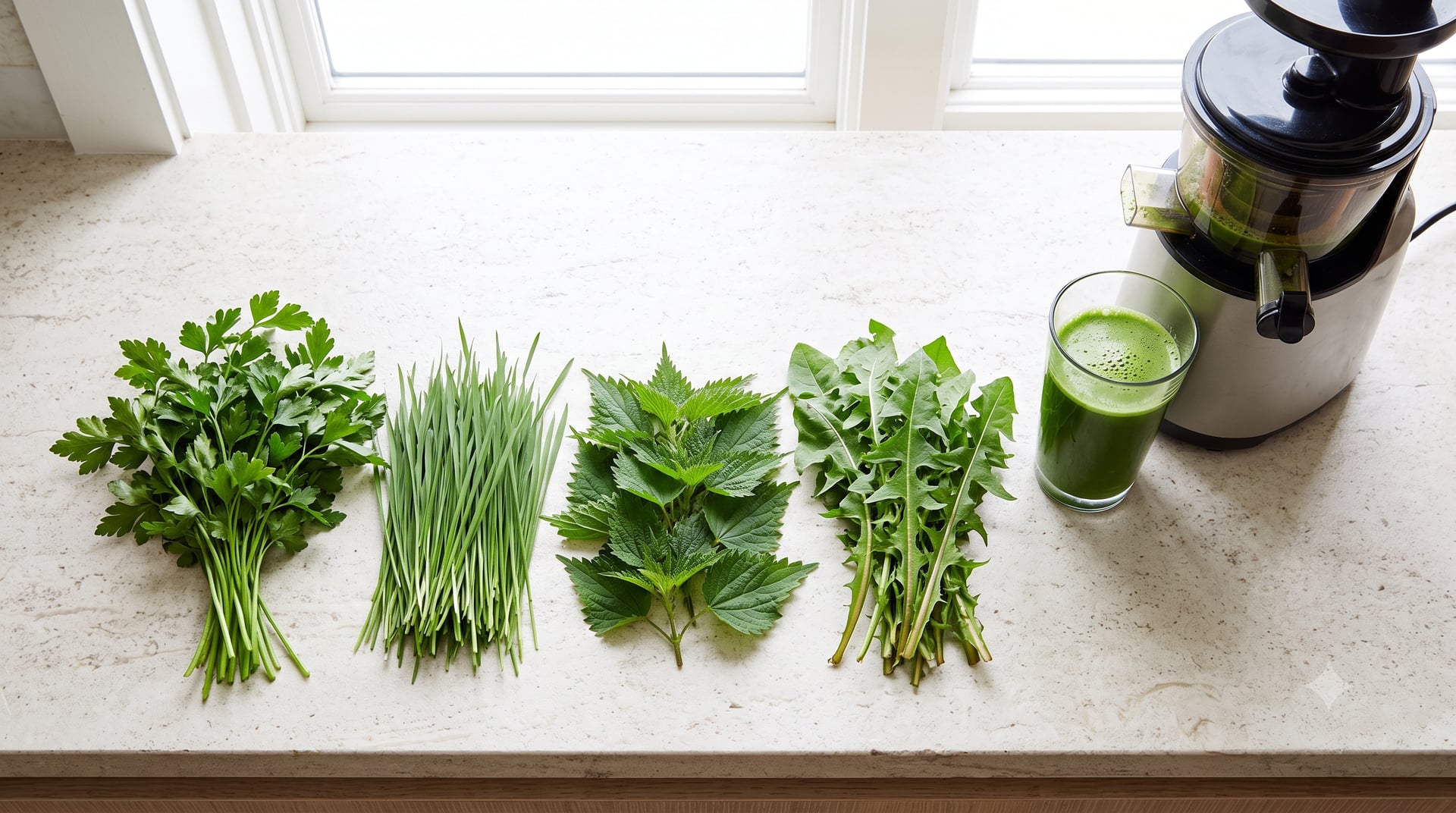 Świeże zioła i zielenina przygotowane do wyciskania soku
