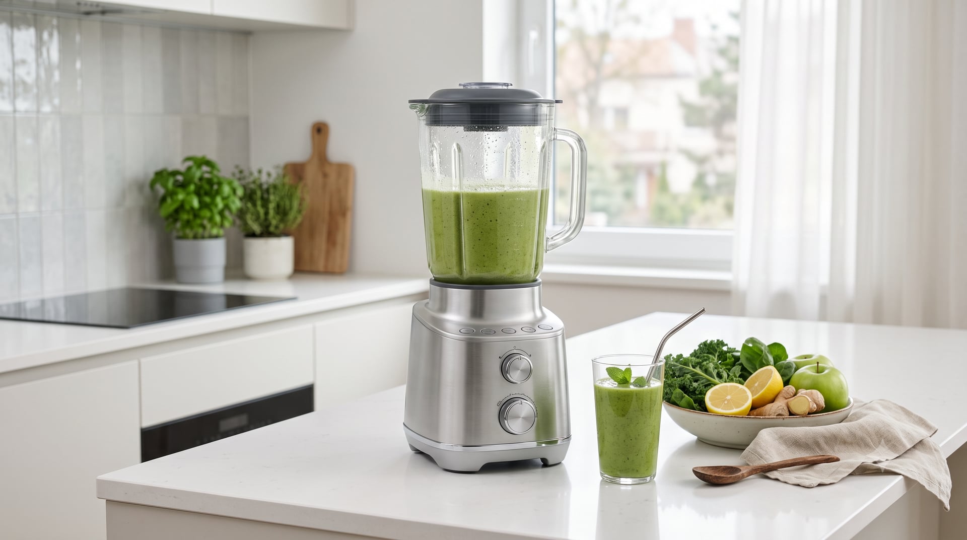 Elegancki blender wysokoobrotowy na blacie kuchennym