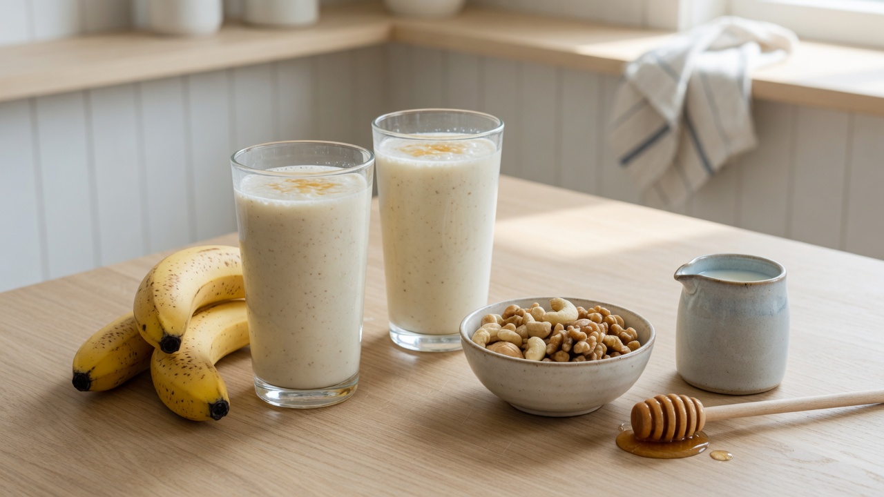 Dwie szklanki kremowego smoothie bananowo-orzechowego obok dojrzałych bananów, orzechów i miodu