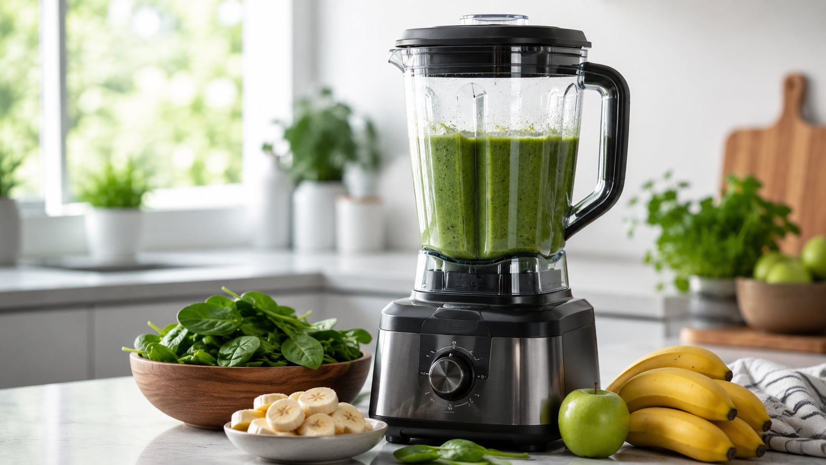 Wysokoobrotowy blender z zielonym smoothie na blacie