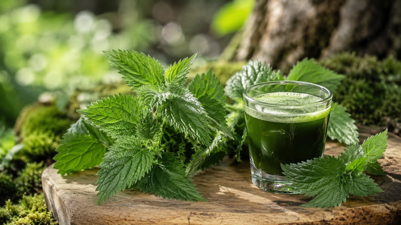 Młode liście pokrzywy na desce i zielony shot soku