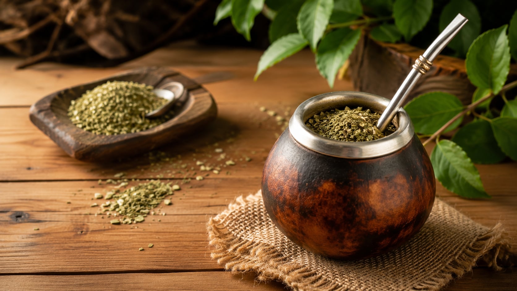 Tykwa z yerba mate i bombilla na drewnianym blacie